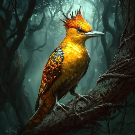 A stunning bird perched amidst an enchanting forest, showcasing vibrant colors against a mystical backdrop. This image captures the beauty and serenity of wildlife in nature.の素材