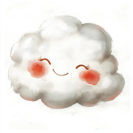 This illustration features a cute and happy cloud with a cheerful smile and soft blush, perfect for childrenの素材