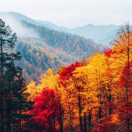 This image showcases a breathtaking autumn landscape with vibrant foliage in warm hues, surrounded by misty mountains, inviting tranquility and exploration.の素材