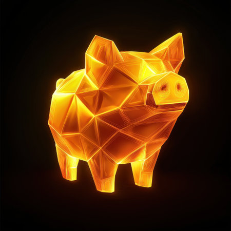 This vibrant geometric piggy bank features dynamic orange and yellow tones, symbolizing savings and investment. A modern design perfect for digital art or financial themes.の素材