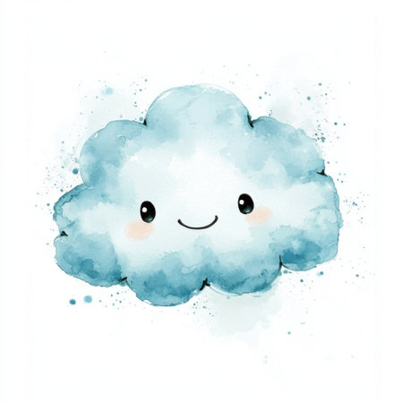 This charming illustration features a cute smiling blue cloud rendered in soft watercolor, perfect for children's decor and cheerful designs.の素材