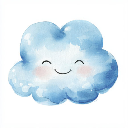 Adorable smiling cartoon cloud character in soft blue watercolor style. Perfect for children's decor, playful designs, and cheerful illustrations.の素材
