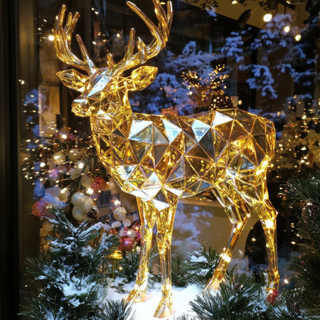 A stunning golden reindeer sculpture shines in a festive window display, surrounded by winter decorations and twinkling lights, evoking holiday cheer.の素材