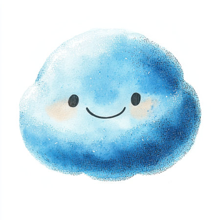 This adorable blue cloud illustration features a smiling face, perfect for children's projects. Its soft watercolor texture evokes a sense of joy and creativity.の素材
