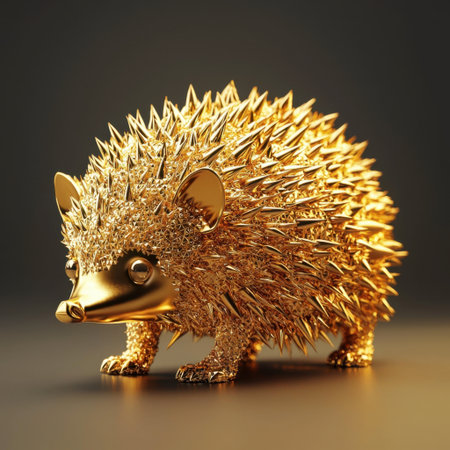 A stunning golden hedgehog sculpture showcasing intricate textures and reflective surfaces, perfect for art lovers and decorative purposes, embodying creativity and charm.の素材