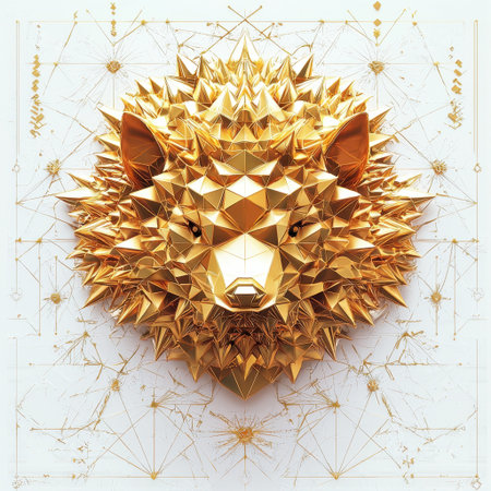 A captivating geometric golden animal head, adorned with spikes, set against a detailed pattern background, perfect for modern art enthusiasts and decor inspiration.の素材
