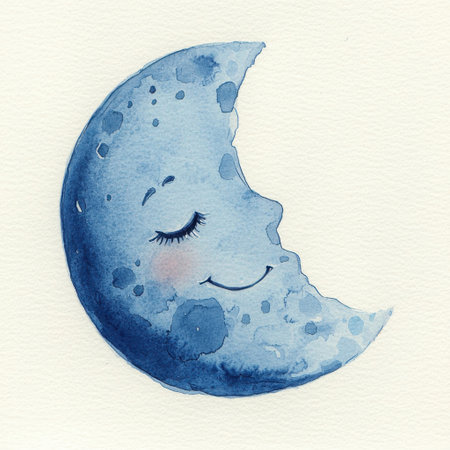 A charming watercolor illustration of a smiling moon, perfect for children's decor or as a calming art piece. The soft blue tones evoke serenity and dreaminess.の素材