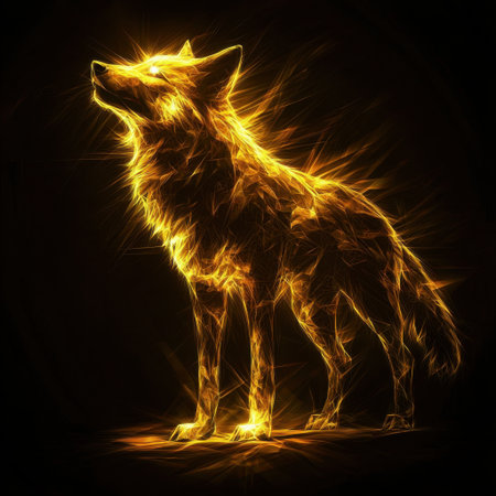 An artistic representation of a glowing wolf, showcasing fiery effects and vibrant colors. The silhouette captures wild energy and mystique in a stunning design.の素材
