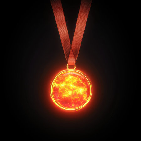 This captivating image features a glowing gold medal with a dynamic fiery design, suspended from a sleek ribbon. Ideal for themes of achievement and recognition.の素材