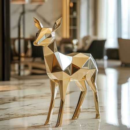 This striking geometric golden deer sculpture serves as a stunning centerpiece in an elegant indoor space, blending art and luxury for modern decor.の素材