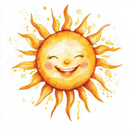 This cheerful sun illustration features a smiling face surrounded by radiant rays, embodying warmth and joy. Perfect for brightening any design project.の素材