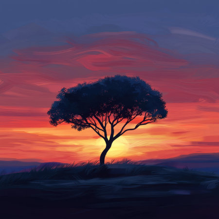 A beautiful landscape showcasing a silhouetted tree against a vibrant sunset sky, capturing the essence of tranquility and natural beauty in evening light.の素材