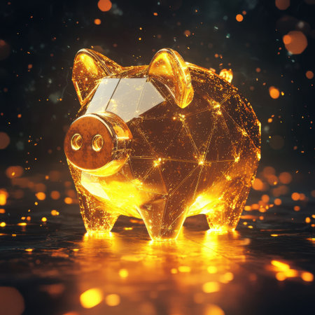 This futuristic digital piggy bank features a glowing geometric design. It symbolizes saving, investment, and modern finance in a captivating and innovative way.の素材