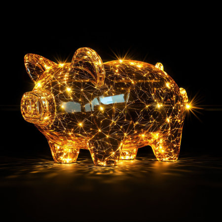 This image showcases a dazzling piggy bank outlined in golden lights, symbolizing financial success and savings. Ideal for concepts of wealth and investment.の素材