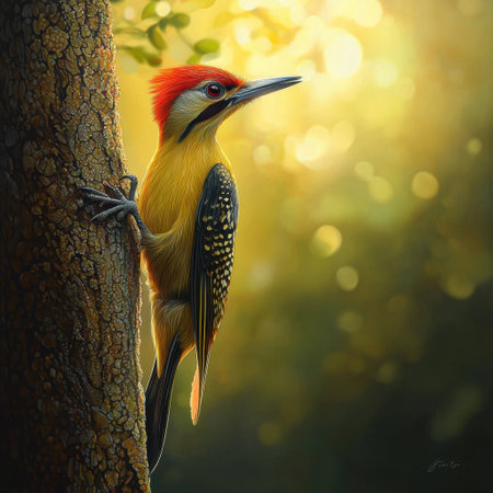A striking woodpecker showcases its vibrant colors against a softly glowing background in this serene forest scene, capturing the essence of wildlife beauty.の素材