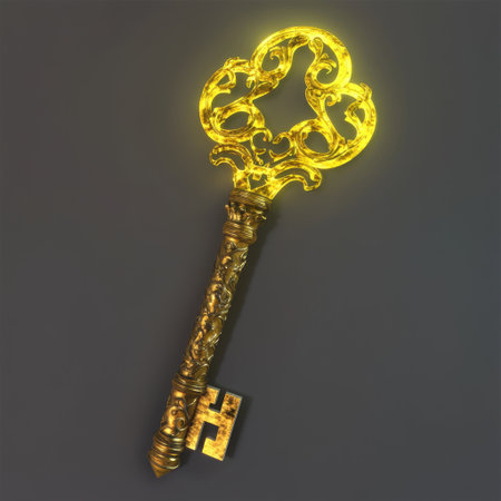 An ornate golden key showcasing intricate design elements against a dark backdrop. This image captures beauty and craftsmanship, symbolizing mystery and elegance.の素材