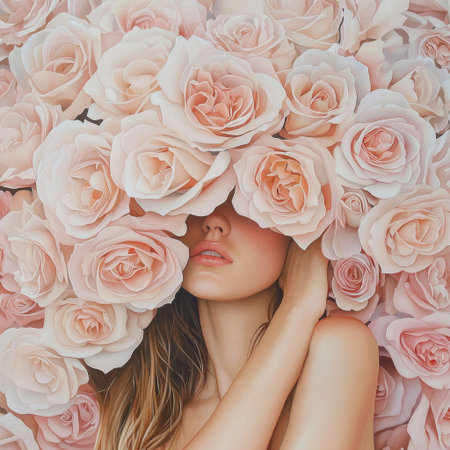 A captivating portrait of a woman engulfed in soft pink roses, symbolizing beauty and serenity. Her gentle expression evokes a sense of tranquility and romance.の素材