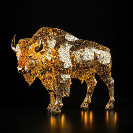 This stunning golden buffalo sculpture captures the essence of wildlife with a modern abstract twist, showcasing intricate geometric designs and a radiant shine.の素材