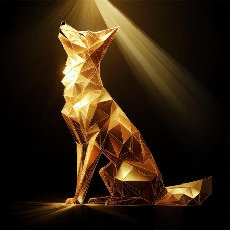 Captivating geometric golden fox sculpture with abstract design elements, showcasing modern artistic interpretation and elegance in a minimalistic style.の素材