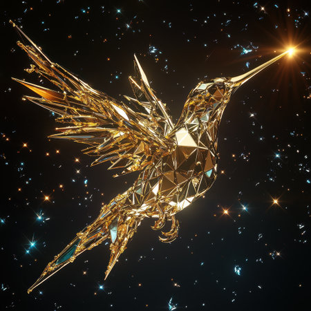 A stunning depiction of a shimmering hummingbird made of crystal, reflecting light with vibrant colors. This art piece combines elegance and fantasy in a captivating design.の素材