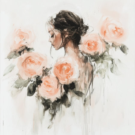 A stunning portrait of a woman surrounded by soft pink roses, capturing beauty and elegance in watercolor. The artwork evokes emotions of love and serenity.の素材