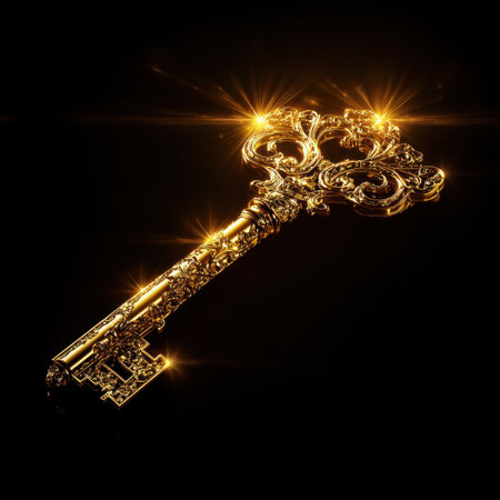 Stunning ornate golden key with intricate designs shining against a dark background. Perfect for themes of luxury, elegance, and access.の素材