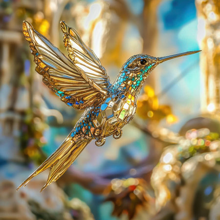 A stunning golden hummingbird sculpture showcases exquisite craftsmanship and vibrant colors, capturing the essence of nature with delicate details and reflections.の素材