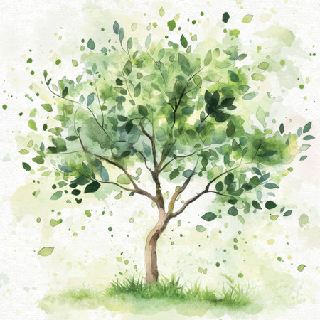 This beautiful watercolor illustration features a lush green tree surrounded by soft, gentle colors. The artwork evokes tranquility and connection to nature.の素材