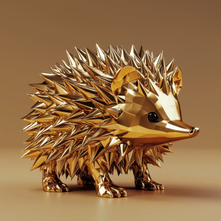A striking metallic hedgehog sculpture featuring sharp spikes and a shiny golden finish. Perfect for modern decor, artistic displays, or as a unique gift.の素材