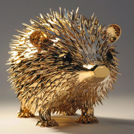 This artistic representation features a shiny golden hedgehog sculpture with intricate spikes and glossy eyes, making it a captivating decorative piece for any modern space.の素材