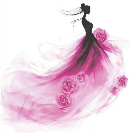 A stunning illustration of a woman in a flowing pink dress adorned with roses, capturing the essence of elegance and femininity in a creative and artistic manner.の素材