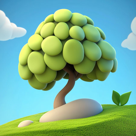 A whimsical cartoon style tree with rounded leaves sits atop a vibrant green hill under a bright blue sky, creating a playful and serene atmosphere ideal for nature-themed projects.の素材