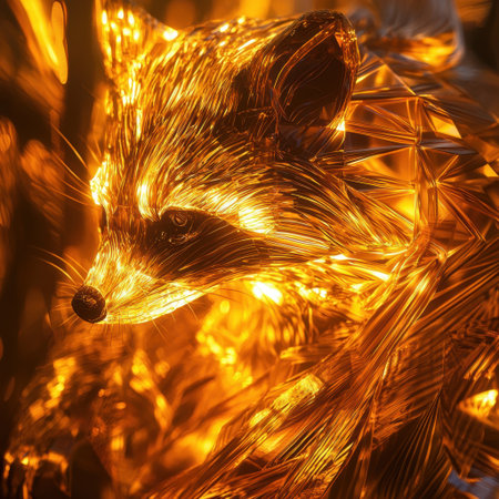 This stunning raccoon sculpture features intricate geometric shapes illuminated by warm orange light, creating a captivating blend of art and nature in a vibrant aesthetic.の素材