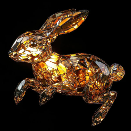 This stunning abstract crystal rabbit sculpture features intricate geometric patterns that shimmer and glow, making it a captivating centerpiece for home decor.の素材