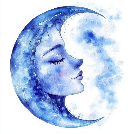 This watercolor artwork features a serene womanの素材