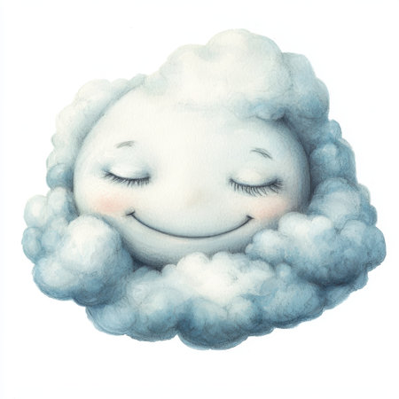 This charming illustration features a happy cartoon cloud with a smiling face and closed eyes. Ideal for conveying joy, innocence, and creativity.の素材