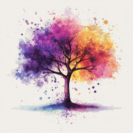 This vibrant artwork features a tree surrounded by colorful splashes of purple, yellow, and orange. It captures the beauty of nature in a whimsical and abstract style, perfect for modern decor.の素材
