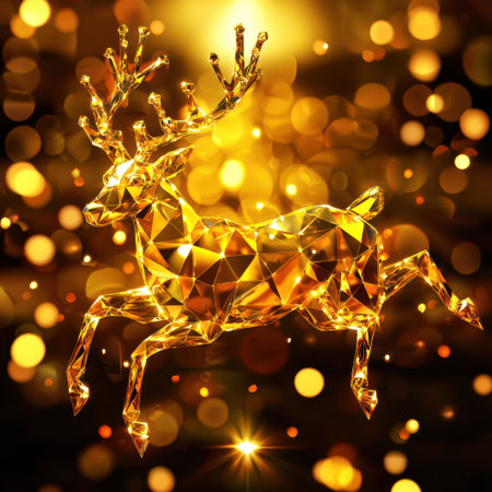 Stunning geometric deer made of golden facets against a dazzling background. Perfect for festive themes, winter celebrations, and artistic designs.の素材