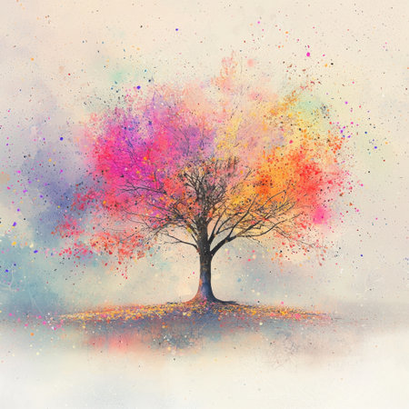 An artistic representation of a vibrant tree with colorful leaves set against a soft abstract background, evoking feelings of beauty and tranquility.の素材