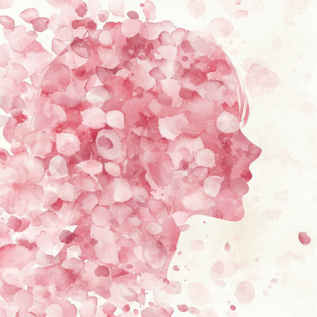 This elegant watercolor silhouette showcases a woman's profile intertwined with delicate pink flowers, evoking beauty and creativity in an artistic and serene manner.の素材
