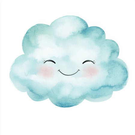 This adorable watercolor illustration features a happy cartoon cloud with a cheerful smile. Perfect for children's projects or whimsical designs.の素材