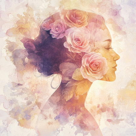 A stunning profile illustration of a woman adorned with roses, showcasing a dreamy watercolor effect. The artwork exudes elegance and creativity, ideal for art enthusiasts.の素材