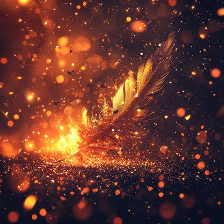 A mesmerizing glowing feather is surrounded by soft sparkles and warm bokeh lights, creating a magical and enchanting atmosphere. Perfect for artistic projects.の素材