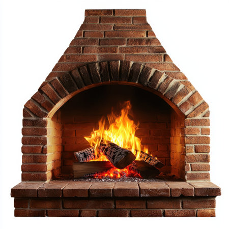 A picturesque brick fireplace with roaring flames and burning logs, creating a warm and inviting atmosphere perfect for cozy evenings indoors.の素材