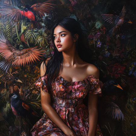A captivating portrait of a woman in a floral dress amidst a backdrop of vibrant tropical birds, blending nature and elegance in a stunning artistic composition.の素材