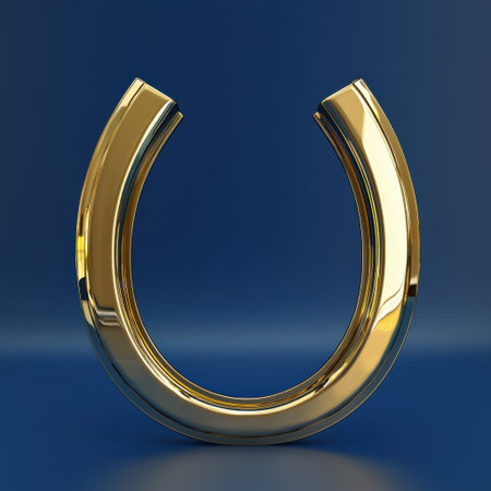 A glossy golden horseshoe set against a rich blue background, representing luck and prosperity. Ideal for concepts related to good fortune and celebration.の素材