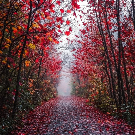 Experience a vibrant autumn pathway where red leaves frame a serene journey into the foggy forest. Perfect for nature enthusiasts and tranquil escapes.の素材