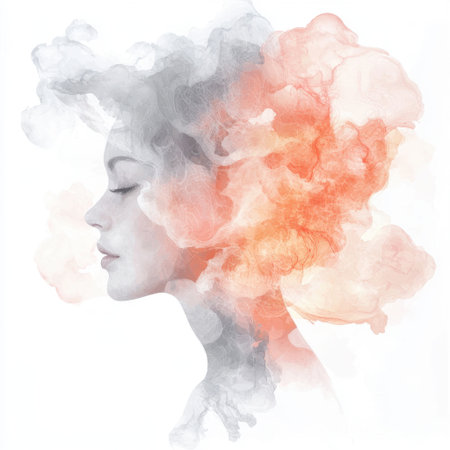 An ethereal portrait showcasing a woman's profile, surrounded by colorful smoke patterns. The dreamy visual conveys serenity and artistic creativity, ideal for inspirational themes.の素材