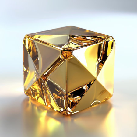 A beautiful amber crystal cube that showcases intricate reflections and geometric design. Ideal for use in modern decor or artistic projects.の素材