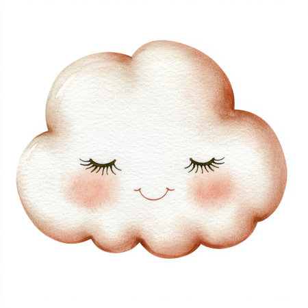 This charming watercolor illustration features a cute smiling cloud with closed eyes and a blush, perfect for adding a whimsical touch to various designs.の素材